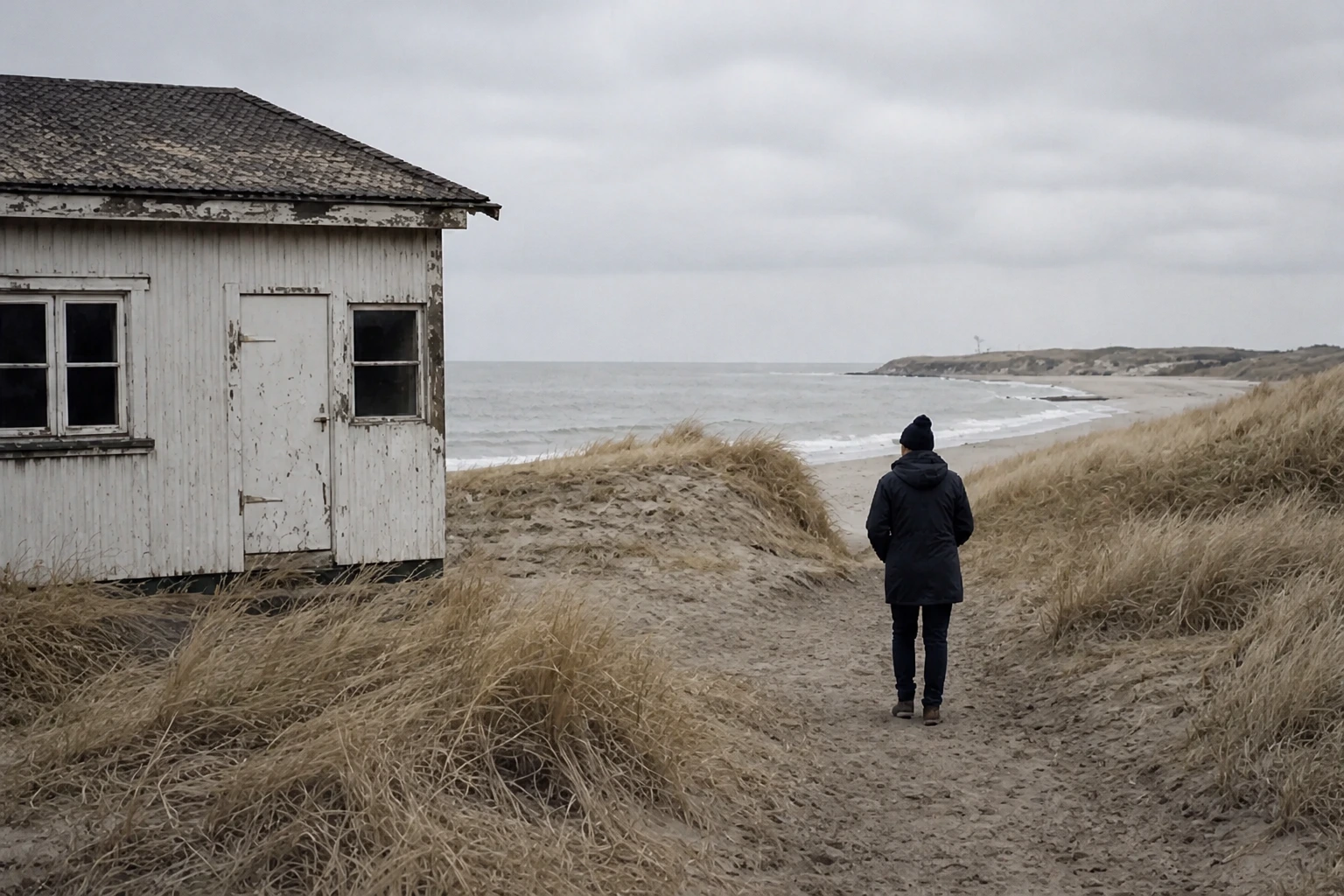 Ein Mensch geht durch winterliche Dünen zur Ostsee